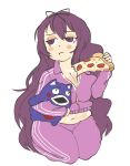  1girl breasts food inkerton-kun large_breasts long_hair murasaki_(senran_kagura) pizza plump purple_hair senran_kagura senran_kagura_(series) simple_background tagme violet_eyes 