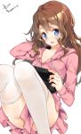  1girl :d artist_name bangs blue_eyes blush brown_hair dated eyebrows_visible_through_hair handheld_game_console hood hoodie knees_together_feet_apart long_hair open_mouth original signature simple_background sitting smile solo tareme thigh-highs thighs wavy_hair white_background white_legwear yappen 