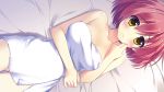  1girl ameto_yuki bare_shoulders bed blush breasts collarbone doumyouji_moemi embarrassed female game_cg highres large_breasts legs looking_at_viewer lying nude pure_x_connect redhead short_hair solo thighs towel yellow_eyes 