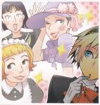  2boys 2girls aegis aegis_(persona) aqua_eyes bangs black_hair blonde_hair blue_eyes blush bob_cut butler crossdressinging eyeshadow gloves gradient gradient_background iori_junpei lipstick maid makeup multiple_boys multiple_girls open_mouth persona persona_3 polka_dot polka_dot_background puffy_short_sleeves puffy_sleeves red_lips red_lipstick school_uniform serafuku short_sleeves sparkle sun_hat wink 