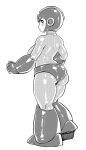  1girl ass blush bodysuit breasts female from_behind genderswap helmet large_breasts looking_back monochrome open_mouth plump robot rockman rockman_(character) rockman_(classic) simple_background solo standing synecdoche white_background 