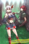  1boy 1girl bare_shoulders belt boots breasts brown_eyes cape cleavage cleavage_cutout detached_sleeves eleonora_viltaria gloves hair_ornament long_hair madan_no_ou_to_vanadis midriff open_mouth pants red_eyes redhead skirt tigrevurmud_vorn vest white_hair 