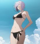  1girl asu_no_yoichi bare_shoulders bikini blue_sky breasts cleavage clouds female from_below hair_over_one_eye hand_on_hip highres large_breasts navel purple_hair red_eyes screencap smile solo standing stitched swimsuit takatsukasa_angela under_boob 