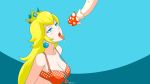  1girl akairiot bikini_top blonde_hair blue_background blue_eyes blush breasts cleavage crown curly_hair earrings highres jewelry long_hair mushroom nintendo open_mouth princess_peach saliva sexually_suggestive simple_background solo super_mario_bros. tongue tongue_out upper_body wallpaper 