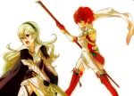  2girls armor boots breasts cape dress fire_emblem fire_emblem_if gauntlets gloves grey_hair hair_ornament hairband hinoka_(fire_emblem_if) long_hair multiple_girls my_unit_(fire_emblem_if) naginata open_mouth pink_eyes polearm red_eyes redhead scarf short_hair shoulder_pads siblings sisters sword thigh-highs thigh_boots weapon white_background 