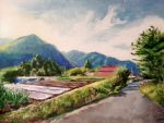  clouds dekus garden hill house japan mountain painting scenery street sunlight 