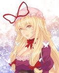  1girl bangs blonde_hair bow breasts butterfly cherry_blossoms choker cleavage corset eyebrows eyebrows_visible_through_hair from_side hair_between_eyes hair_bow hat hat_ribbon highres large_breasts light_particles lips long_hair long_sleeves looking_at_viewer mob_cap parted_lips petals puffy_long_sleeves puffy_sleeves reflective_eyes ribbon ribbon_choker shiny shiny_hair shiny_skin sidelocks snowflakes solo touhou upper_body x&amp;x&amp;x yakumo_yukari yellow_eyes 
