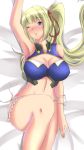  1girl armpits bare_shoulders blonde_hair blush breasts cleavage cleavage_cutout frills gradient gradient_background limalisha long_hair lying madan_no_ou_to_vanadis midriff one_eye_closed open_mouth panties side_ponytail tears underwear 