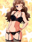  1girl amanogawa_kirara aokura_shou black_bra black_legwear black_panties blush bra breasts brown_hair cleavage earrings female fishnet_legwear fishnets garter_belt garter_straps grin hand_on_hip highres jewelry legwear lingerie long_hair looking_at_viewer one_eye_closed panties precure shiny shiny_hair shiny_skin smile solo star thigh-highs thigh_gap twintails underwear violet_eyes wink yellow_background 