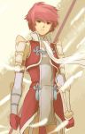  1girl armor brown_background dress fire_emblem fire_emblem_if gloves hinoka_(fire_emblem_if) open_mouth red_eyes redhead scarf short_hair weapon 