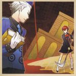  1boy 1girl artist_request book brown_hair gloves persona persona_3 persona_3_portable weapon white_hair 