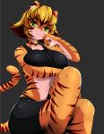  1girl blonde_hair breast_hold breasts female green_eyes highres large_breasts legs_crossed looking_at_viewer orange_fur shorts sitting smile solo sports_bra tiger 