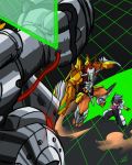  1boy android armor bandai battle cannon claws digimon dragon full_armor helmet horns machine mecha monster mugendramon muscle redhead wargreymon wargreymon_x weapon 