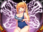  1girl barefoot blonde_hair breast_grab breasts cleavage collarbone dmm grabbing huge_breasts legs lightning long_hair looking_at_viewer machine open_mouth red_eyes sitting solo swimsuit thighs twintails very_long_hair 