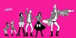  1boy 1girl abs arm_up belt boots breasts collarbone dancing franky full_body grin hand_up high_heels jacket long_hair long_sleeves looking_at_viewer looking_back miniskirt muscle nico_robin one_piece open_clothes open_jacket outstretched_arm pink_background pointing pointing_at_viewer short_hair skirt smile socks spiky_hair standing swim_briefs teenage thigh-highs younger zettai_ryouiki 