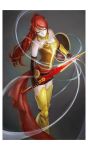  1girl breasts cleavage closed_eyes crossing elbow_gloves gloves ponytail pyrrha_nikos redhead rwby shield spear thigh_boots 