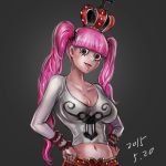  1girl crown long_sleeves lt midriff one_piece perona pink_hair solo twintails 