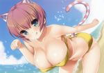 1girl :q animal_ears ass_cutout bandeau bare_shoulders beach bent_over bikini blue_sky breasts brown_hair cleavage female fisheye green_eyes highres large_breasts leaning_forward looking_at_viewer nanase_meruchi navel paw_pose pink_hair scan short_hair sky smile solo swimsuit tail tiger_ears tiger_tail tongue tongue_out yellow_bikini 