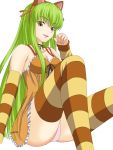  1girl :d animal_ears arm_support bare_shoulders breasts c.c. cleavage code_geass code_geass:_nunnally_in_wonderland detached_sleeves fake_animal_ears female green_hair kusakabelover legs long_hair looking_at_viewer neck_ribbon nightgown open_mouth panties pantyshot pantyshot_(sitting) raccoon_ears ribbon see-through simple_background sitting smile solo striped striped_detached_sleeves striped_legwear thigh-highs underwear white_background yellow_eyes 