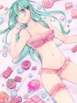  1girl aqua_eyes aqua_hair bra breasts candy cleavage cupcake doughnut food green_eyes green_hair hair_ornament hairclip heart highres kantai_collection lingerie lollipop long_hair looking_at_viewer lying midriff navel on_back sayori_(artist) solo solo_focus star suzuya_(kantai_collection) thigh_strap thighs underwear underwear_only 