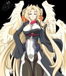  1girl artist_request blonde_hair bodysuit closed_eyes female highres kyoukaisenjou_no_horizon long_hair margot_knight simple_background smile solo wings 