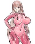  1girl 774_(nanashi) breasts brown_hair covered_navel curvy erect_nipples female hand_on_hips impossible_clothes koukawa_asuka large_breasts long_hair looking_at_viewer smile solo standing taimanin_asagi taimanin_asagi_3 violet_eyes wide_hips 