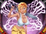  1girl armpits bare_shoulders blonde_hair blue_eyes breasts chainsaw cleavage dark_skin dmm huge_breasts lightning looking_at_viewer machine midriff navel open_mouth short_hair smile solo standing tank_top wink 