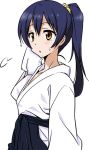  1girl alternate_hairstyle blue_hair japanese_clothes long_hair love_live! love_live!_school_idol_project lowres marugoshi_teppei miko solo sonoda_umi sweat yellow_eyes 