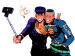  2boys blush gakuran higashikata_jousuke jojo_no_kimyou_na_bouken multicolored_hair multiple_boys nijimura_okuyasu pompadour purple_hair school_uniform selfie_stick tariah_furlow two-tone_hair v 