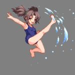  &gt;:d 1girl :d armpits bangs bare_arms bare_legs blue_swimsuit breasts brown_hair floating_hair full_body grey_background kicking kneepits lowres m.u.g.e.n mizuhara_nayuu one-piece_swimsuit open_mouth orange_eyes pixel_art school_swimsuit shirokuro_(oyaji) short_hair short_twintails sidelocks simple_background small_breasts smile solo swimsuit tongue twintails water 