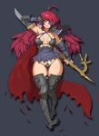  1girl ahoge breasts breasts_apart curvy eyepatch female full_body grey_background gurimjang large_breasts long_hair looking_at_viewer lying nail_polish no_bra on_back polearm redhead simple_background smile solo thick_thighs thigh_gap weapon wide_hips yellow_eyes 