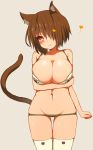  1girl animal_ears bikini blush breast_hold breasts brown_hair cat_ears cat_print cat_tail cleavage curvy hair_over_one_eye heart highres large_breasts looking_at_viewer original paw_print red_eyes ruiten short_hair simple_background smile solo swimsuit tail thigh-highs thigh_gap white_legwear wide_hips 