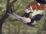  1girl ass bare_shoulders breasts brown_hair cleavage dragon&#039;s_crown juju_(artist) midair solo sorceress_(dragon&#039;s_crown) staff strapless_dress tree 