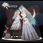  2girls absurdres artist_request cat_ears cat_tail dark_background final_fantasy final_fantasy_xiv flower hair_flower hair_ornament heart highres lalafell logo miqo&#039;te multiple_girls pointy_ears size_difference spotlight stool tail veil wedding wedding_dress wife_and_wife yuri 