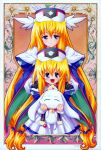  00s 2girls blonde_hair bodysuit cape dress dual_persona gloves head_wings long_hair looking_at_viewer multiple_girls smile ufo_princess_valkyrie valkyrie_(ufo_princess_valkyrie) violet_eyes 