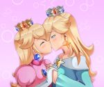  2girls bare_shoulders blonde_hair blue_eyes blush closed_eyes crown earrings elbow_gloves gloves gradient gradient_background hands_together jewelry kiss long_hair long_sleeves super_mario_bros. multiple_girls nintendo princess_peach profile puffy_sleeves razorkun rosetta_(mario) super_mario_bros. super_mario_galaxy white_gloves yuri 