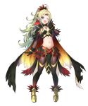  1girl ahoge alternate_costume bangs belt black_gloves blonde_hair cape feather_trim feathers fire_emblem fire_emblem_awakening fire_emblem_heroes flat_chest gloves gold_trim gradient gradient_clothes gradient_hair green_hair highres jewelry kousei_horiguchi long_hair midriff multicolored_hair multiple_belts navel nowi_(fire_emblem) official_art pantyhose parted_bangs pelvic_curtain pointy_ears ponytail stomach tiara tied_hair transparent_background violet_eyes 