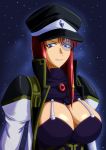  00s 1girl blue_eyes breasts cleavage cleavage_cutout forte_stollen galaxy_angel large_breasts looking_at_viewer monocle redhead smile solo space 
