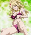  1girl bare_shoulders bikini blonde_hair blue_eyes blush breasts cleavage earrings fairy_tail female flower gold hair_flower hair_ornament highres jenny_realight jewelry large_breasts long_hair navel necklace screencap smile solo stitched swimsuit tattoo 