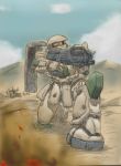  aiming clouds desert ebihara_takeshi fire gpals78 gun gundam kneeling magella_attack mecha military military_vehicle mobile_suit_gundam sand smoke tank vehicle weapon zaku zaku_ii 