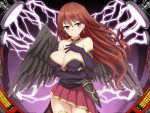  1girl artist_request bare_shoulders black_wings breasts brown_eyes brown_hair cleavage dmm earrings elbow_gloves gloves hand_on_chest huge_breasts jewelry legs lightning long_hair looking_at_viewer machine skirt smile solo standing thighs weapon wings 