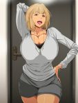  1girl arms_up blonde_hair breasts character_request cleavage curvy door earrings fishnets hand_on_hip highres hime_cut huge_breasts jewelry legs looking_at_viewer milf mole open_mouth pink_eyes short_hair shorts solo standing thighs tsubooi watch 