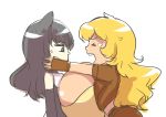  2girls asymmetrical_docking bakki black_eyes black_hair blake_belladonna blonde_hair breast_press breasts cat_ears closed_eyes detached_sleeves fingerless_gloves gigantic_breasts gloves huge_breasts inconvenient_breasts long_hair midriff multiple_girls rwby shiny teardrop very_long_hair yang_xiao_long 