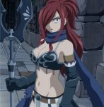  1girl armor bare_shoulders breasts cleavage erza_knightwalker erza_scarlet fairy_tail female hair_over_one_eye highres large_breasts long_hair navel redhead scarf screencap serious solo spear stitched surprised 