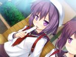  2girls backpack bag bench beret blush character_request game_cg hajimete_na_futari hat licking lyricbox multiple_girls natchan_(lyricbox) naughty_face popsicle purple_hair randoseru sailor_collar sailor_hat school_uniform serafuku sexually_suggestive short_hair sitting tagme tongue tongue_out violet_eyes 