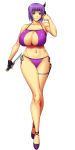  1girl ameoto ayane_(doa) bare_shoulders bikini breasts cleavage collarbone curvy dead_or_alive feet fingerless_gloves full_body gloves headband highres hips huge_breasts knife legs looking_at_viewer navel purple_hair red_eyes serious shoes short_hair simple_background solo standing swimsuit thighs thong weapon white_background 