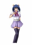  00s 1girl bashoku_youjou blue_hair blush breasts female hair_ribbon ikkitousen large_breasts legs looking_at_viewer parted_lips ribbon short_twintails skirt smile solo standing thigh-highs twintails violet_eyes 