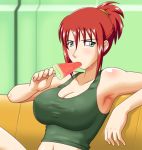  00s 1girl bare_shoulders blue_eyes blush breasts cleavage erect_nipples female forte_stollen galaxy_angel large_breasts looking_at_viewer redhead sitting solo watermelon 