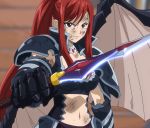  1girl armor breasts brown_eyes bruises cleavage erza_scarlet fairy_tail female highres large_breasts navel ponytail redhead screencap serious solo stitched sword wings 