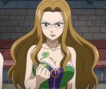  1girl breasts brown_eyes brown_hair cleavage evergreen_(fairy_tail) fairy_tail female glasses highres large_breasts lips lipstick long_hair makeup pink_lipstick screencap serious solo stitched tattoo 